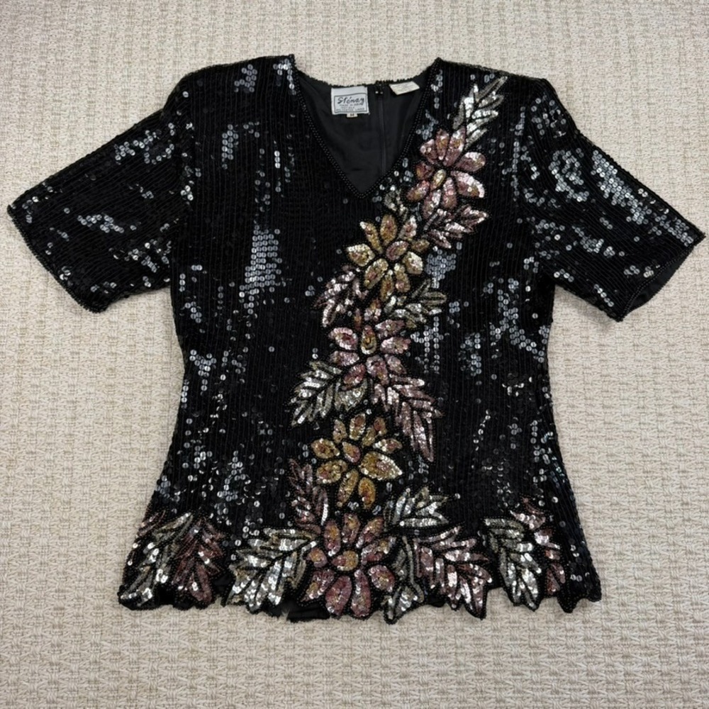 VTG Stenay Women Silk Sequin Top M Black Floral Beaded Party Glam